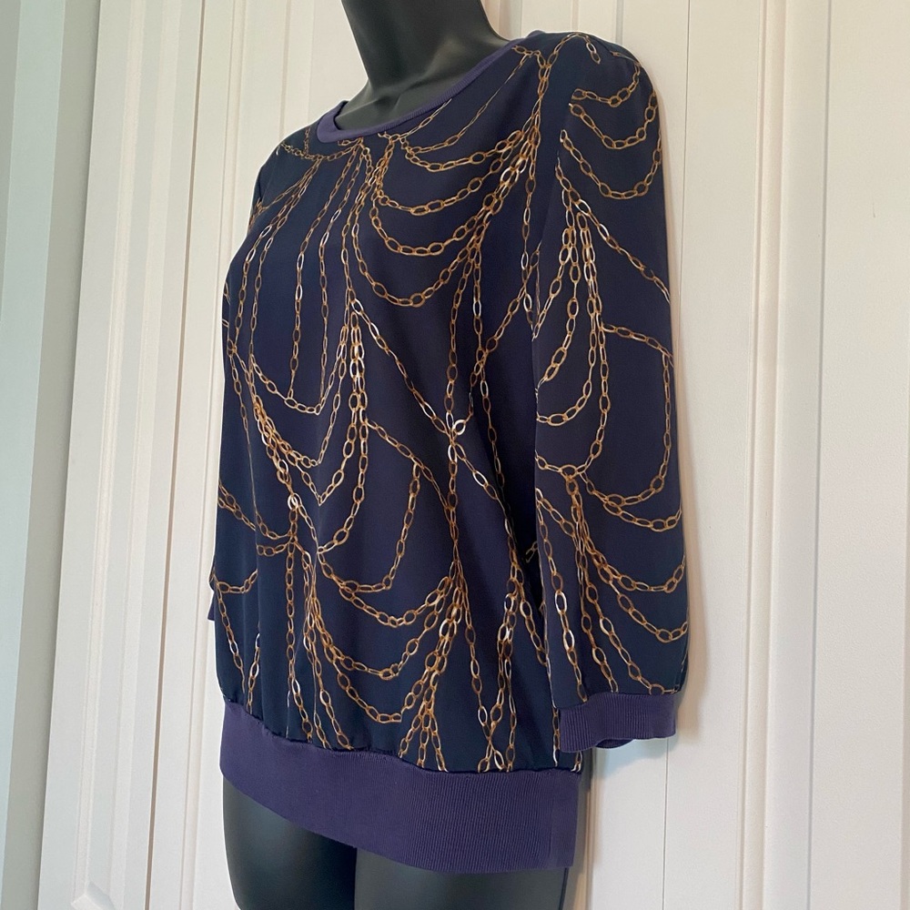 Jennifer Lopez Navy/Gold Print Blouse, S